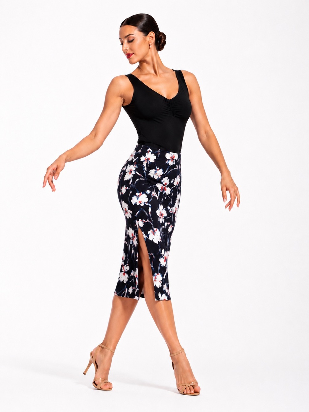 Reversible Tango Skirt Navy Floral Lily Midi Size M